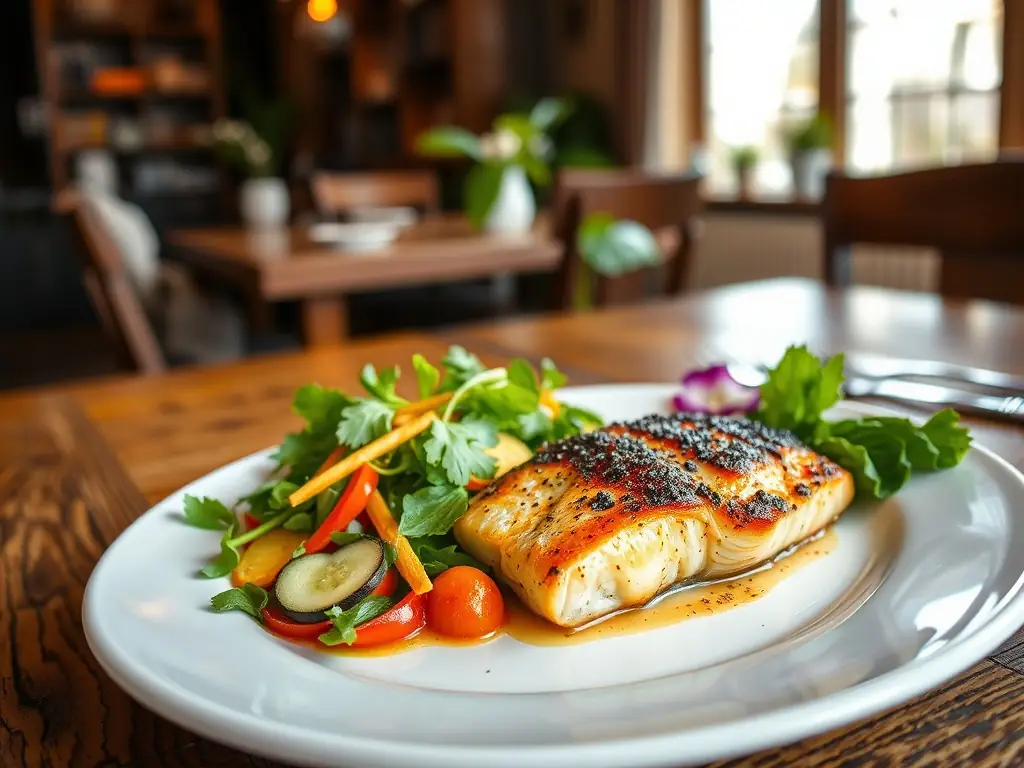 A beautifully plated dish of fish and vegetables in a cozy dining room.