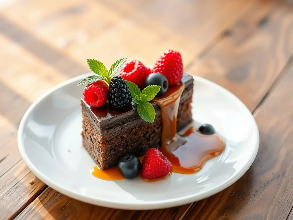 A decadent chocolate cake dessert elegantly presented.